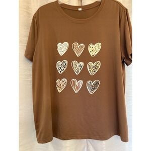 Women's Brown T-Shirt 2XL Leopard Hearts Print Short Sleeve‎ Crew Neck Top